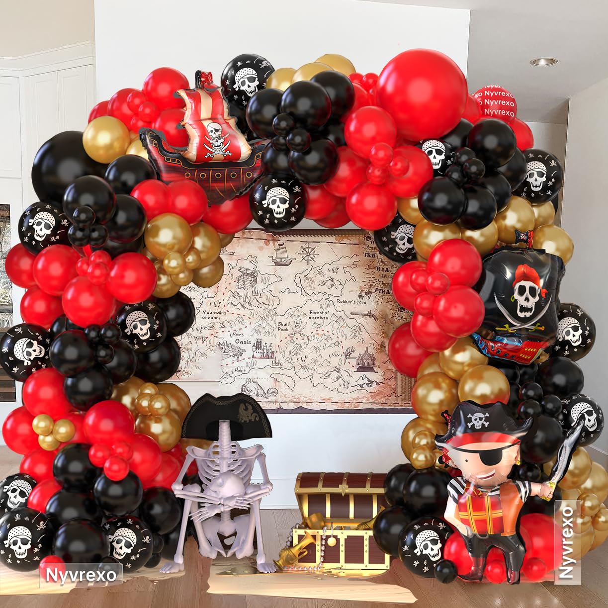 Pirate Birthday Party Decorations, 142Pcs Red Black Metallic Gold Balloon Garland Arch Kit with Pirate Ship Foil Mylar Balloon for Summer Sea Sailing Adventure Ocean Theme Halloween Party