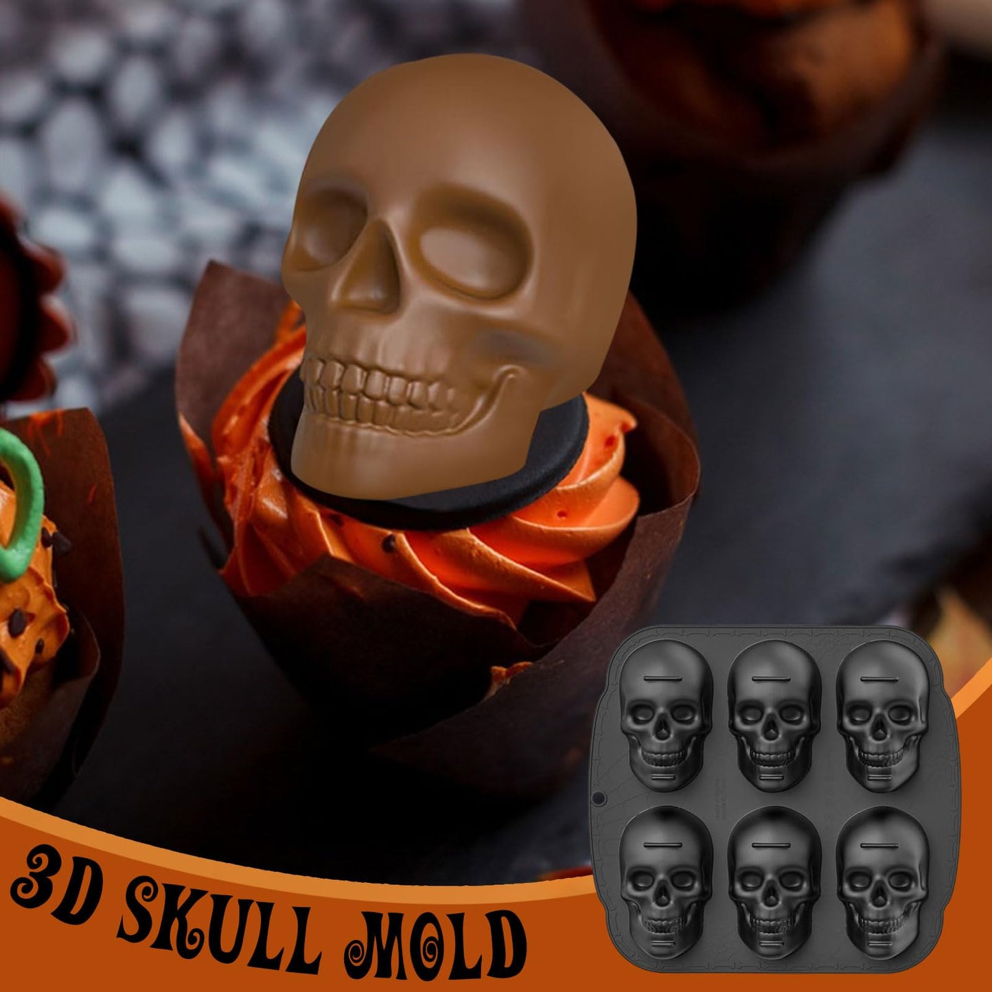 Halloween Skull Cake Pan Silicone Mold - 6 Cavities Skull Ice Mold, Pirate Baking Pan for Baking Halloween Birthday Party Ice Cube Tray