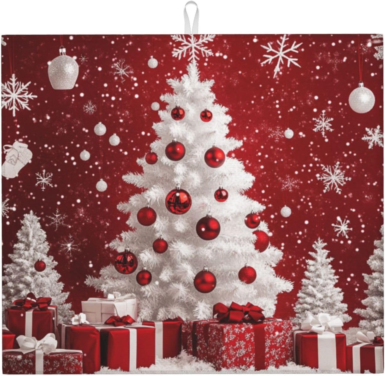 Dish Drying Mat Red Christmas Tree Ball Xmas Absorbent Microfiber Non Slip Quick Dry Heat Resistant Holiday Decorative Kitchen Counter Mat for Plates Cups Glasses 16x18 Inch