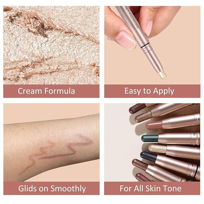 Rose Gold Eyeshadow Stick Makeup, Highlighter Cream Eye Shadow Pencil, Waterproof Hypoallergenic Long Lasting Matte Crayon, Glitter Primer Palette Shimmer Eyeliner Pen
