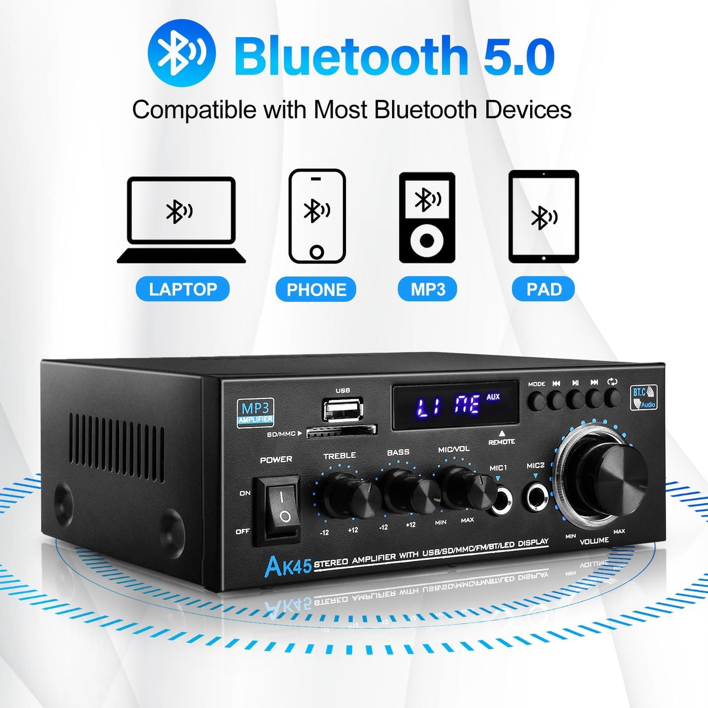 Ak45 Home Audio Power Amplifier With Bluetooth, 100Wx2 Audio Stereo Receiver, Home Amplifiers W/Fm Radio Usb, Aux, Rca, Sd For H