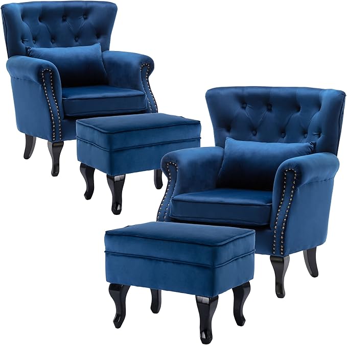 DM Furniture Accent Chairs with Ottoman Set of 2 Velvet Wingback Club Chair Upholstered Reading Chair Lounge Chairs with Wood Legs/Button Tufted Back for Bedroom Living Room, Blue
