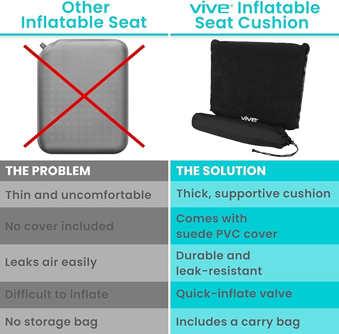 Vive Inflatable Seat Cushion - Portable Pad for Stadiums, Bleachers, Airplanes, Travel, Hiking, Camping, Backpacking, Sporting Events, Picnics - Lightweight Padded Seat Resistant to Tears & Snags