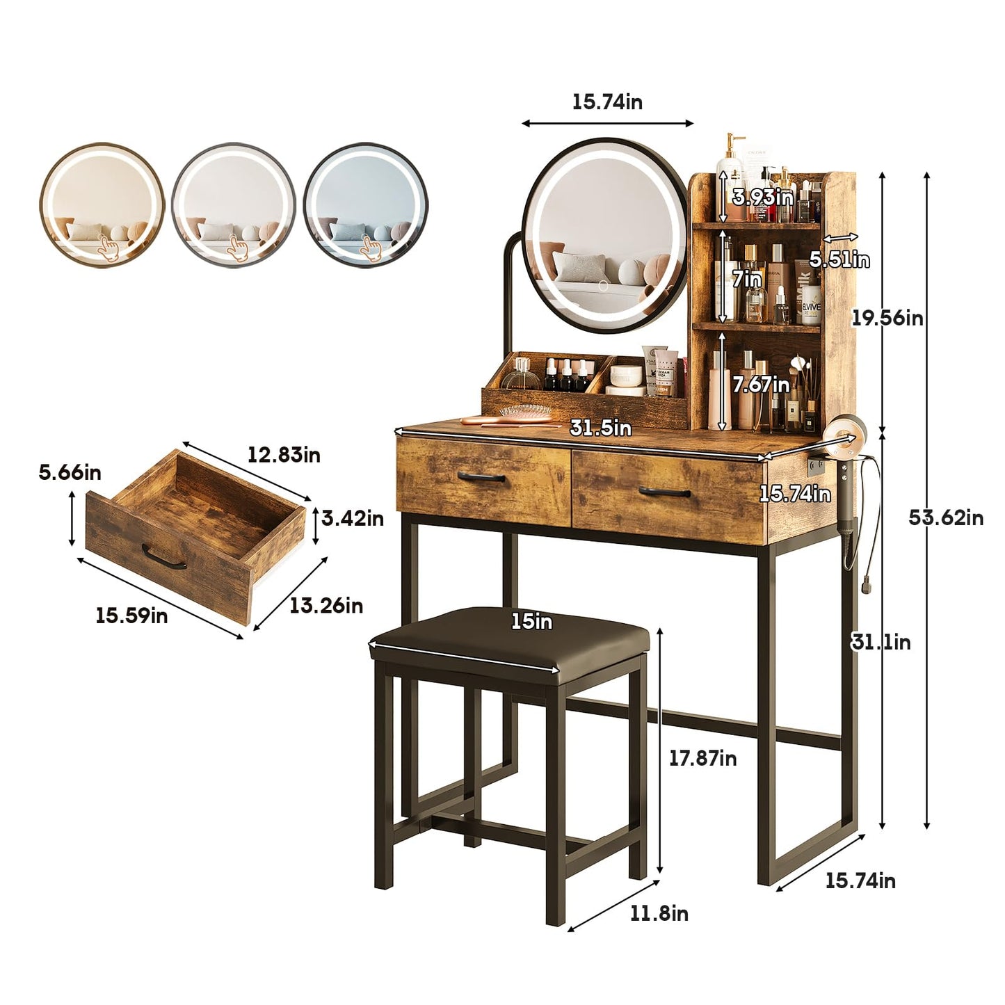 Makeup Vanity Desk with Round Mirror and Lights, White Vanity Makeup Table with 2 Drawers, Small Vanity Table for Bedroom with Lots Storage (Brown and Black, 15.75 * 31.5 * 53.6in)