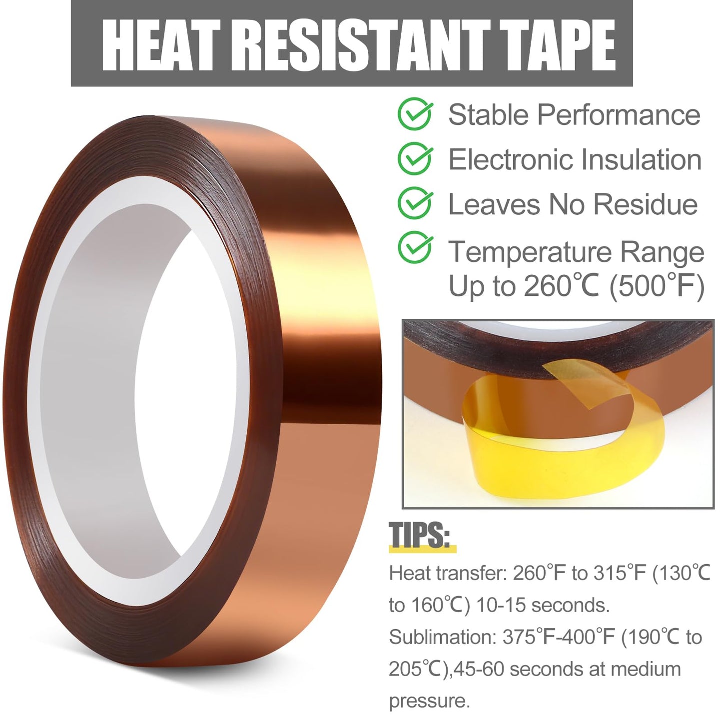 Okomagix Heat Tape, High Temperature Heat Resistant Tape for Sublimation, 6 Rolls 10mm*16m(52FT) Polyimide Heat Tape for Sublimation Press Vinyl, Soldering, Electronics, No Residue