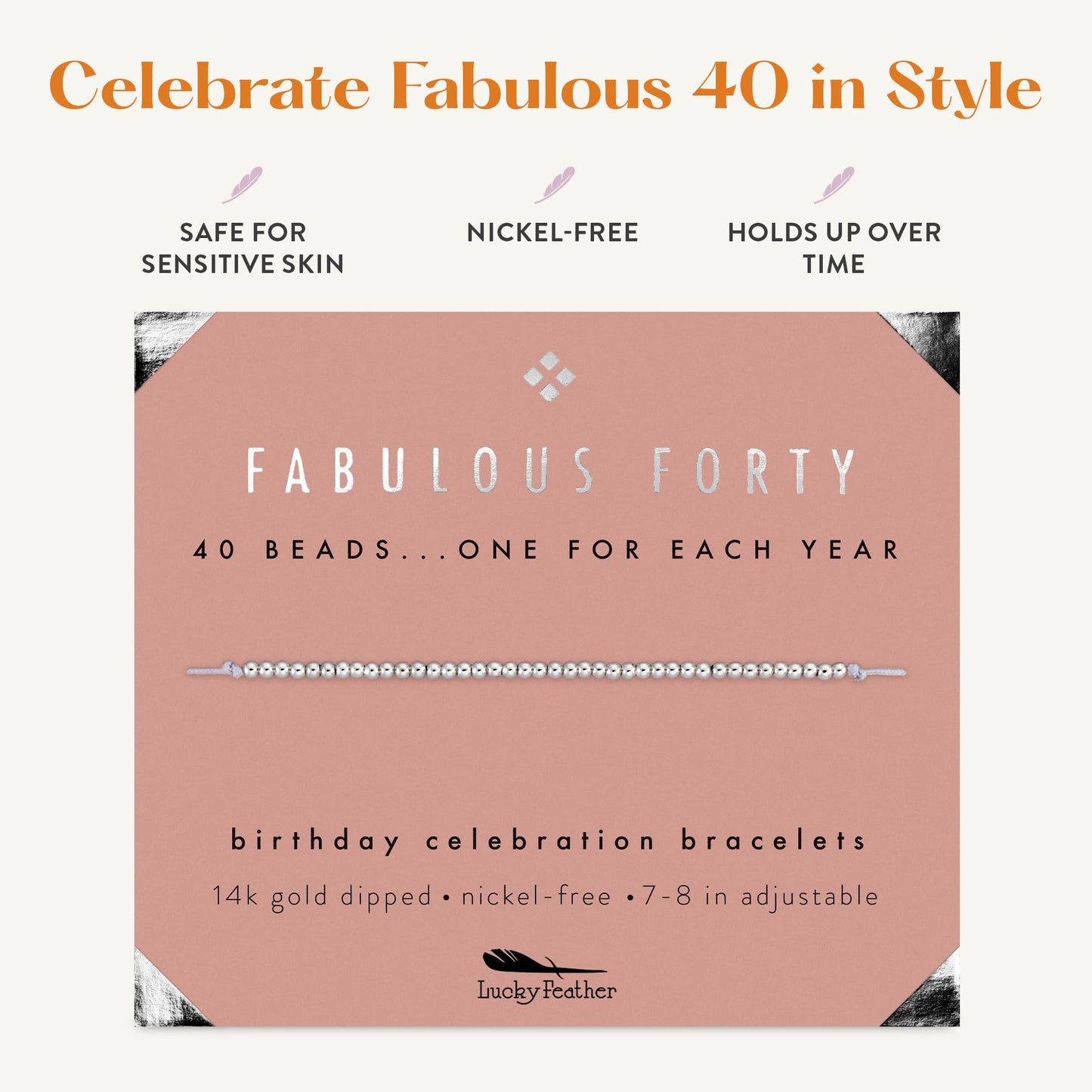 Lucky Feather 40th Birthday Gifts for Women, Sterling Silver Dipped Beads Bracelet on Adjustable 7"- 8" Cord - Perfect 40th Birthday Gift Ideas for Her (silver-plated-base)