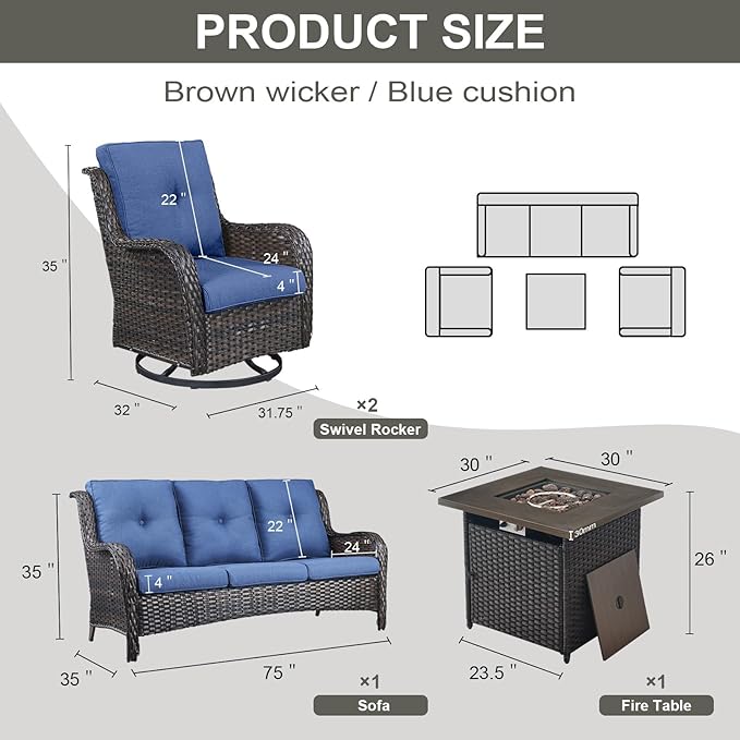 Belord Outdoor Patio Furniture Set with 50000BTU Propane Fire Pit Table, 4 Pieces Wicker Patio Conversation Set with 2 Swivel Rocker Glider Chairs Rattan Sofa Blue Cushion Perfect for Gathering