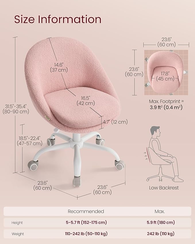 VASAGLE Vanity Chair with Lumbar Support, Adjustable Swivel Armless Desk Chair, Teddy Fleece, Compact for Small Spaces, Bedroom, Jelly Pink UOBG020R93