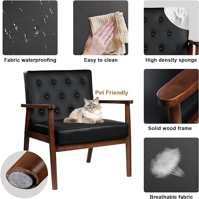 STHOUYN Mid Century Modern Chair, PU Leather Accent Chair Set of 2 with Wood Arms, Living Room Chairs, Reading Armchair for Bedroom, Waiting Room, Office (2, Black 1)