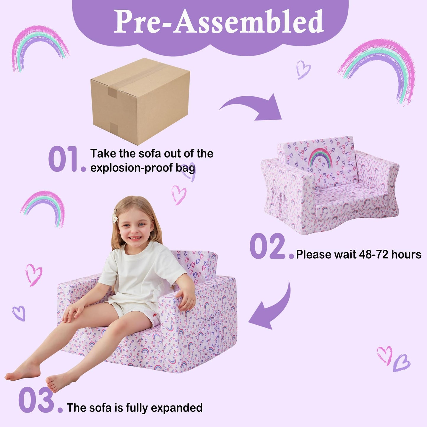 lasoftan Kids Sofa for Toddler, 2-in-1 Toddler Couch Fold Out, Convertible Sofa to Lounger Bed for Girls and Boys, with Removable Cover & Double Pockets - Purple Rainbow