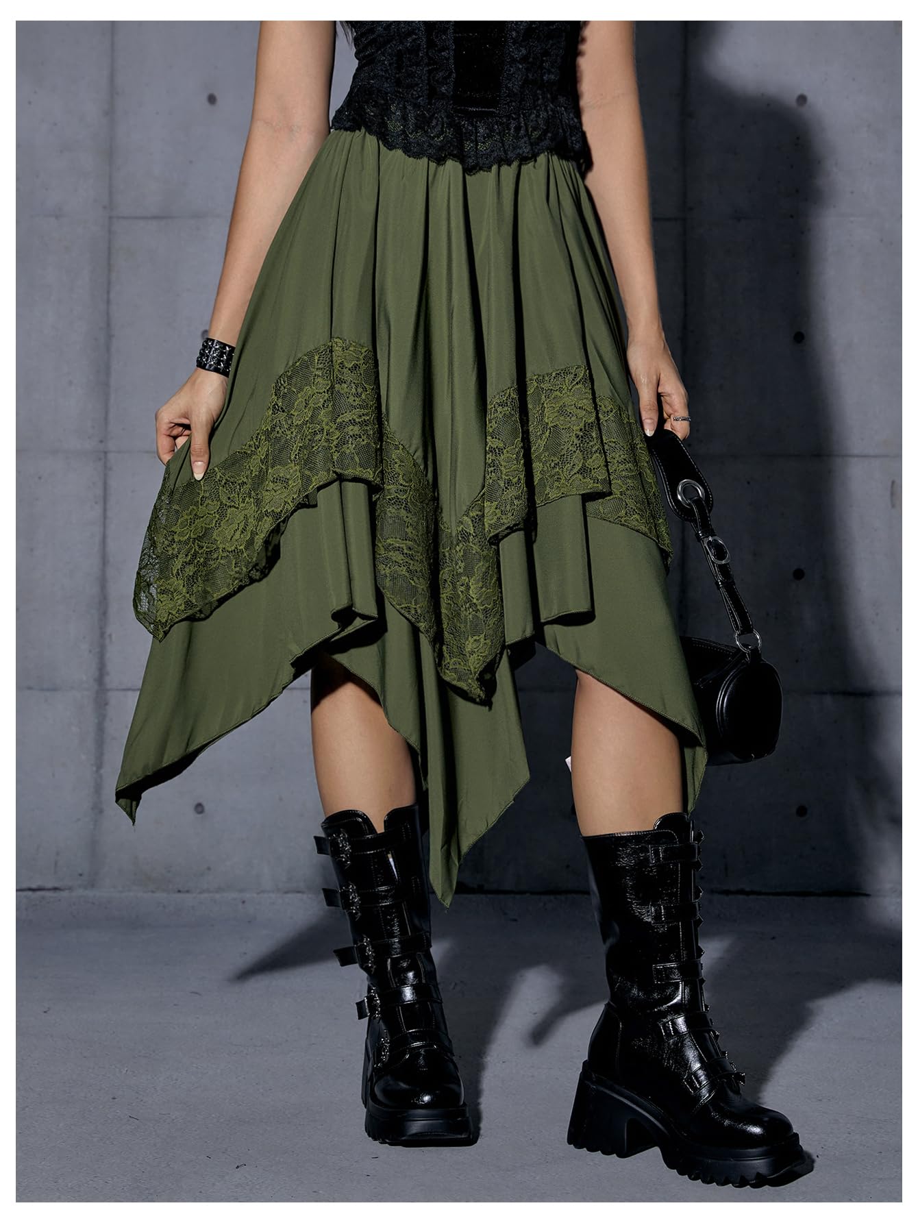 Verdusa Women's Renaissance Flowy Fairy Skirt Y2k Contrast Lace Layered Asymmetrical Midi Skirts Army Green X-Small