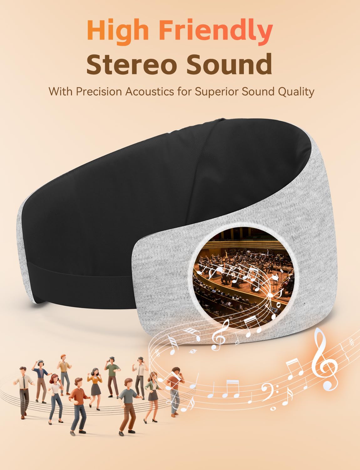 Sleep Mask with Headphones Bluetooth 6.0, 20H Playtime Sleeping Headphones with HD Stereo Speakers for Side Sleepers, Adjustable Blackout Silk Eye Mask for Travel Meditation, Gifts for Women Men(Grey)