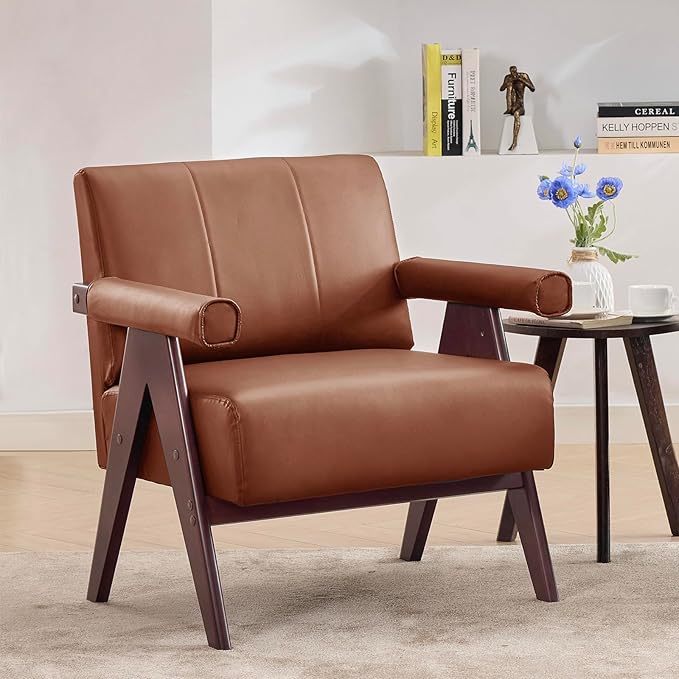 STHOUYN Brown Leather Accent Chairs, Mid Century Modern Chair, Side Arm Chairs for Living Room, Office Guest Waiting Room Lobby Chairs (1, Brown)