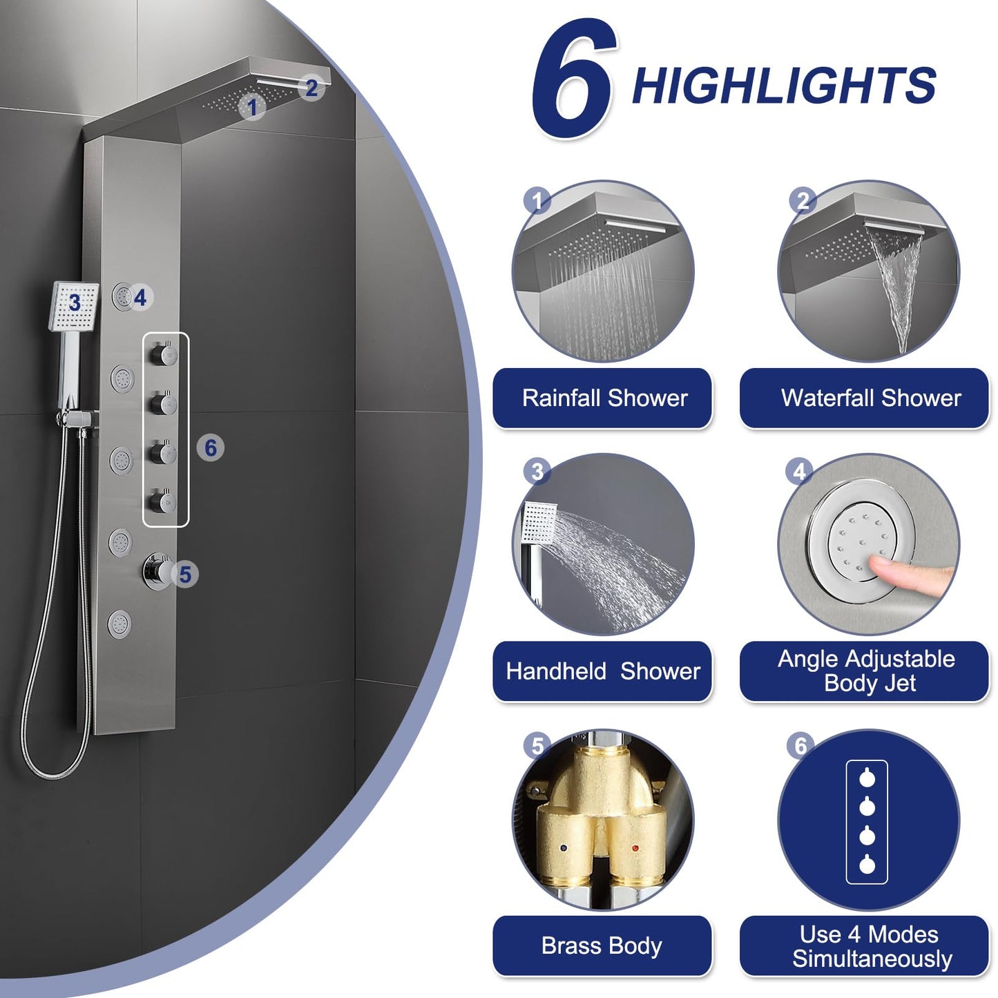 ROVATE Rainfall Waterfall Shower Tower Panel System, 304 Stainless Steel Bathroom Shower Panel Tower with 5 Body Sprays and Flexible Handheld Shower, Shower Column Wall Mount, Delicate Brushed Finish