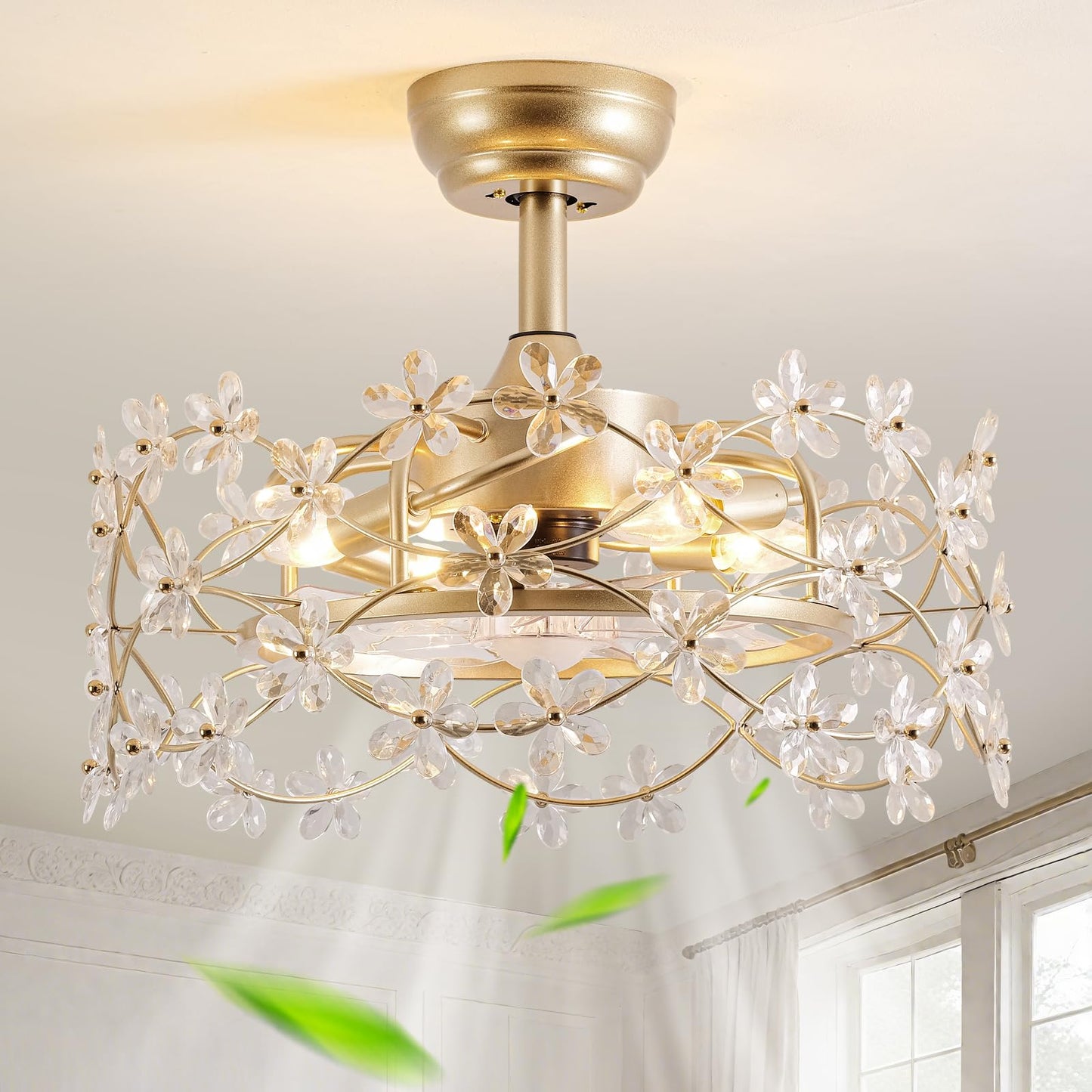 CELAVIEIOP 20" Gold Fandelier Ceiling Fan with Light, Flower Crystal Chandelier Ceiling Fan with Light and Remote Control, Modern Caged Enclosed 6 Speeds for Girl's Bedroom, Nursery, Living Room