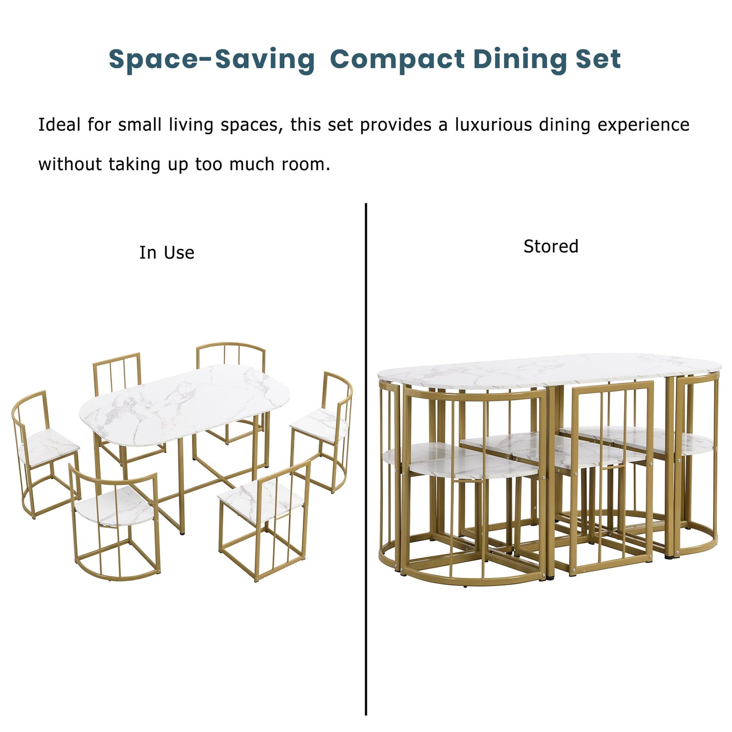 Metal 7 Piece Kitchen Dining Table Set with Chairs for Saving Space Metal Dining Room Table Set for 6 Persons, Golden White