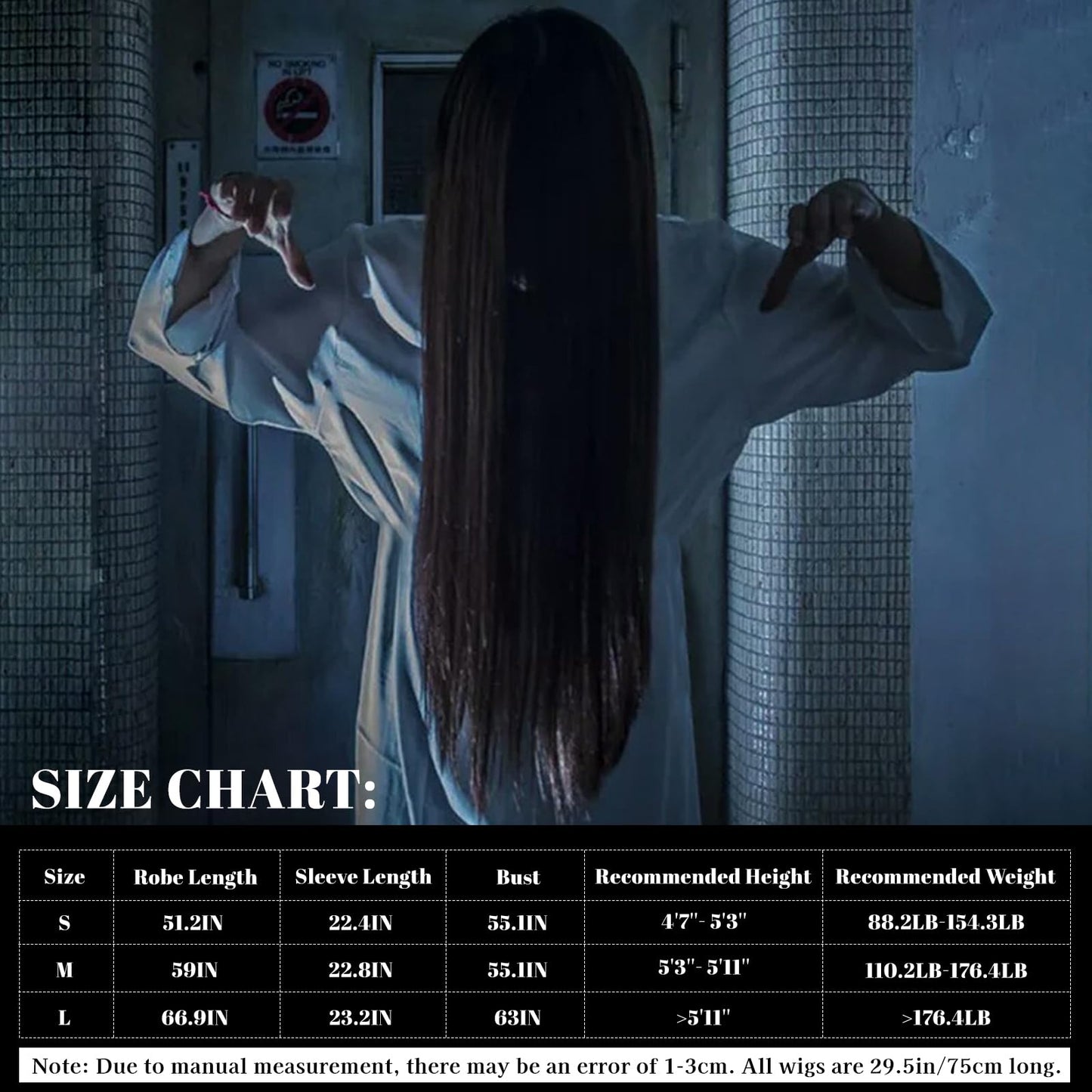 DECEED 2 PCS Halloween Ghost Costume for Adult, White Robe Black Wig Set, The Ring Samara Cosplay Costume Dress Up Party Outfit (L)
