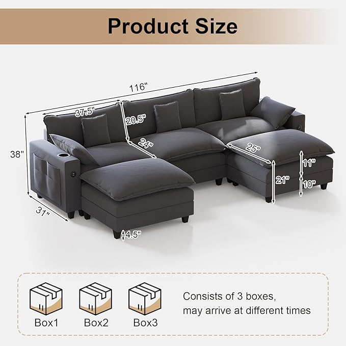 KCGKCG 116" Modular Sectional Sofa, U Shaped Cloud Couch with Movable Ottoman, Chenille Deep Seat Cloud Sofa with Charging Station, Cup Holder, Side Pocket, Sectional Couches for Living Room, Grey