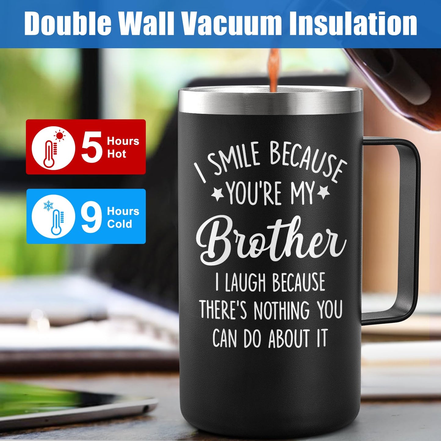 Lifecapido Gifts for Brother, Brother Gifts from Sister, I Smile Because You’re My Brother 20 oz Insulated Coffee Mug, Birthday Christmas Gifts for Brother, Black
