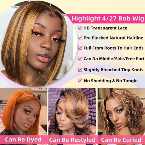 Superfect Highlight Lace Front Bob Wig Human Hair 16 Inch Ombre Honey Blonde 13x4 Hd Lace Front Wigs Human Hair Pre Plucked Middle Part 4/27 Colored Lace Frontal Wigs (Highlight 4/27, 16 Inch)