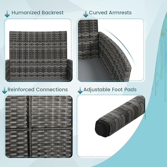 RELAX4LIFE 8-Piece Patio Furniture Set - Rattan Outdoor Conversation Bistro Set w/Cushions, Glass Coffee Table, Wicker Chairs & Loveseat for Garden Backyard Porch, Balcony Furniture Set (2, Mix Grey)