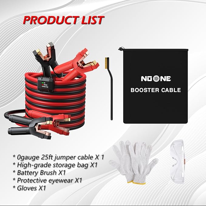 NOONE 0 Gauge 25ft Heavy Duty Jumper Cables, 1000Amp Automotive Booster Cables with Reverse Polarity Protection for Car, SUV, Truck – Complete Kit with Carry Bag, Gloves, Brush & Goggles (0AWG x 25Ft)