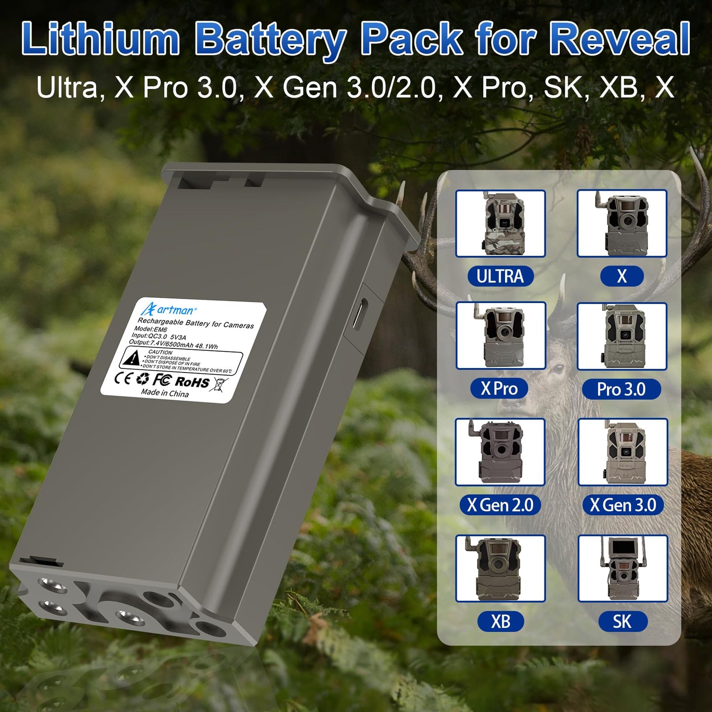 Artman New Reveal Lipo Lithium Battery Pack 6500mAh Upgraded Solar Charge Compatible with Reveal Cellular Trail Camera Ultra, Pro 3.0, X, X Pro, X Gen 2.0, X Gen 3.0, XB, SK (2-Pack)