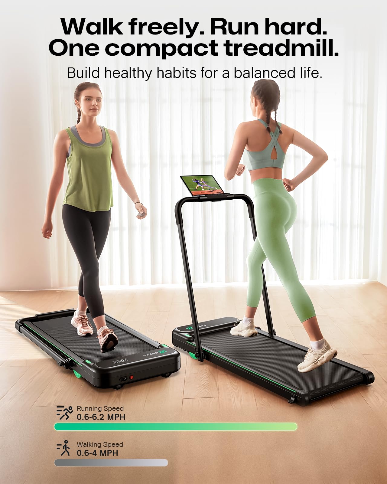 UREVO Strol 2E Smart 2-in-1 Folding Treadmill, Compact Walking Pad with Safety Handle, Plug and Play, Dual LED Display, Workout APP, Walking or Running for Home Office, Remote Included, Flaxen