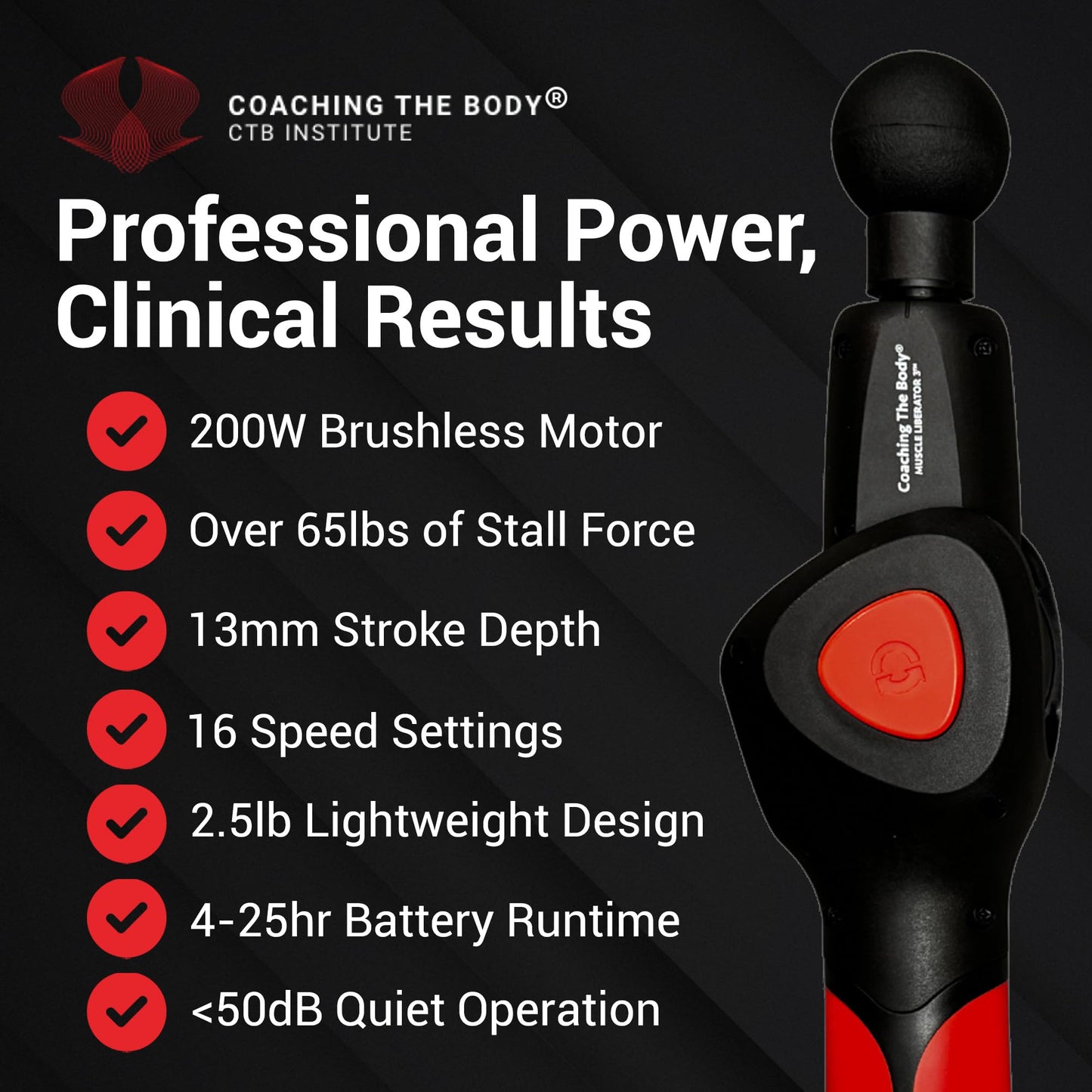 Coaching The Body Muscle Liberator 3 – Quiet, Portable Massage Gun with 4-Position Rotating Head, 16 Selectable Speeds & CTB Silicone Trigger Point Head – Rechargeable, 4-25 Hours Battery Life, 2.5lb