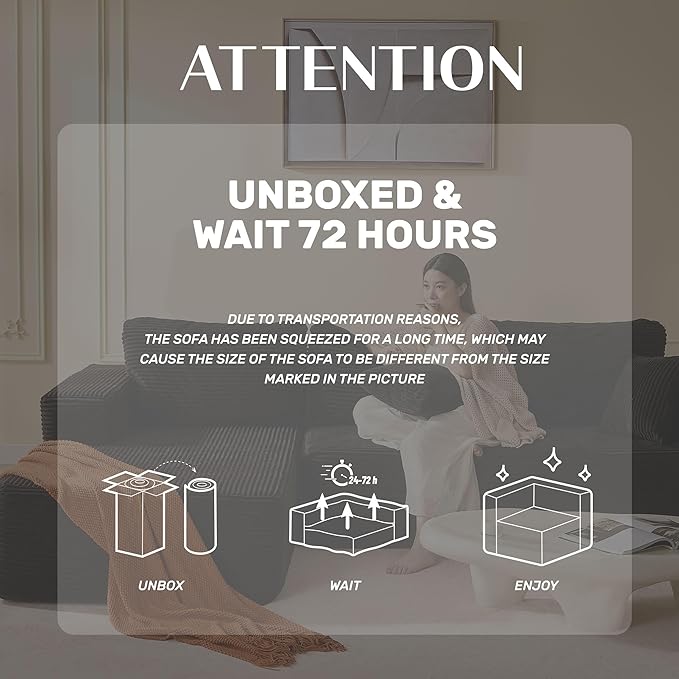 Afuson 107" Boneless Couch with Deep Seat, Modular Sectional Sofa, Cloud Sectional Couch for Living Room, No Assembly Required, Corduroy, L-Shape Left, Black