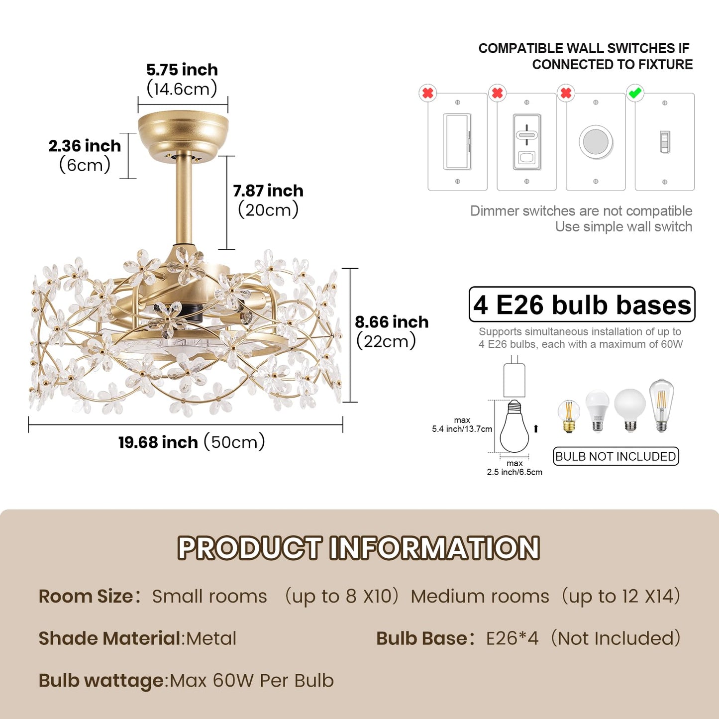 CELAVIEIOP 20" Gold Fandelier Ceiling Fan with Light, Flower Crystal Chandelier Ceiling Fan with Light and Remote Control, Modern Caged Enclosed 6 Speeds for Girl's Bedroom, Nursery, Living Room