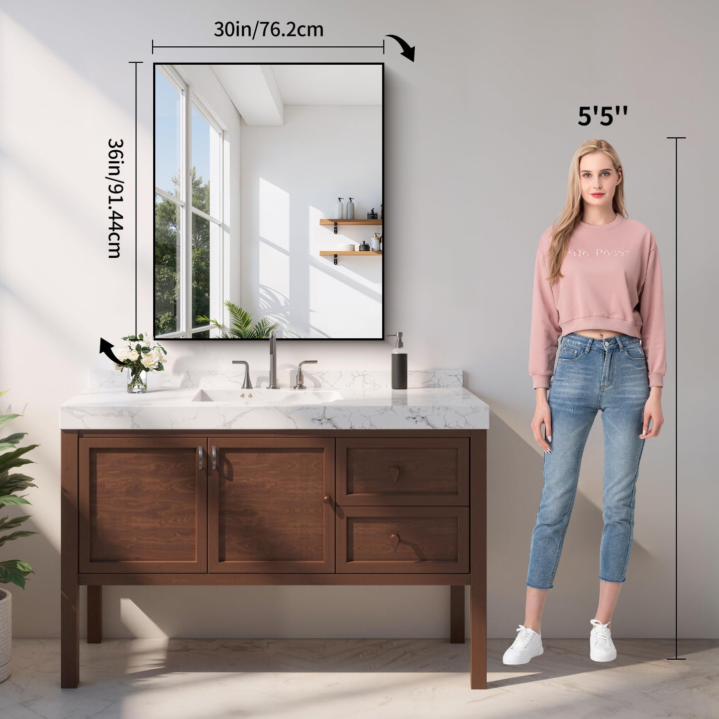 YIROMAN Bathroom Mirror for Wall 30"x36", Matte Black Bathroom Mirror with Metal Frame, Rectangular Vanity Mirror with Right Angles, Wall Mirror Hangs Horizontal or Vertical, Shatterproof