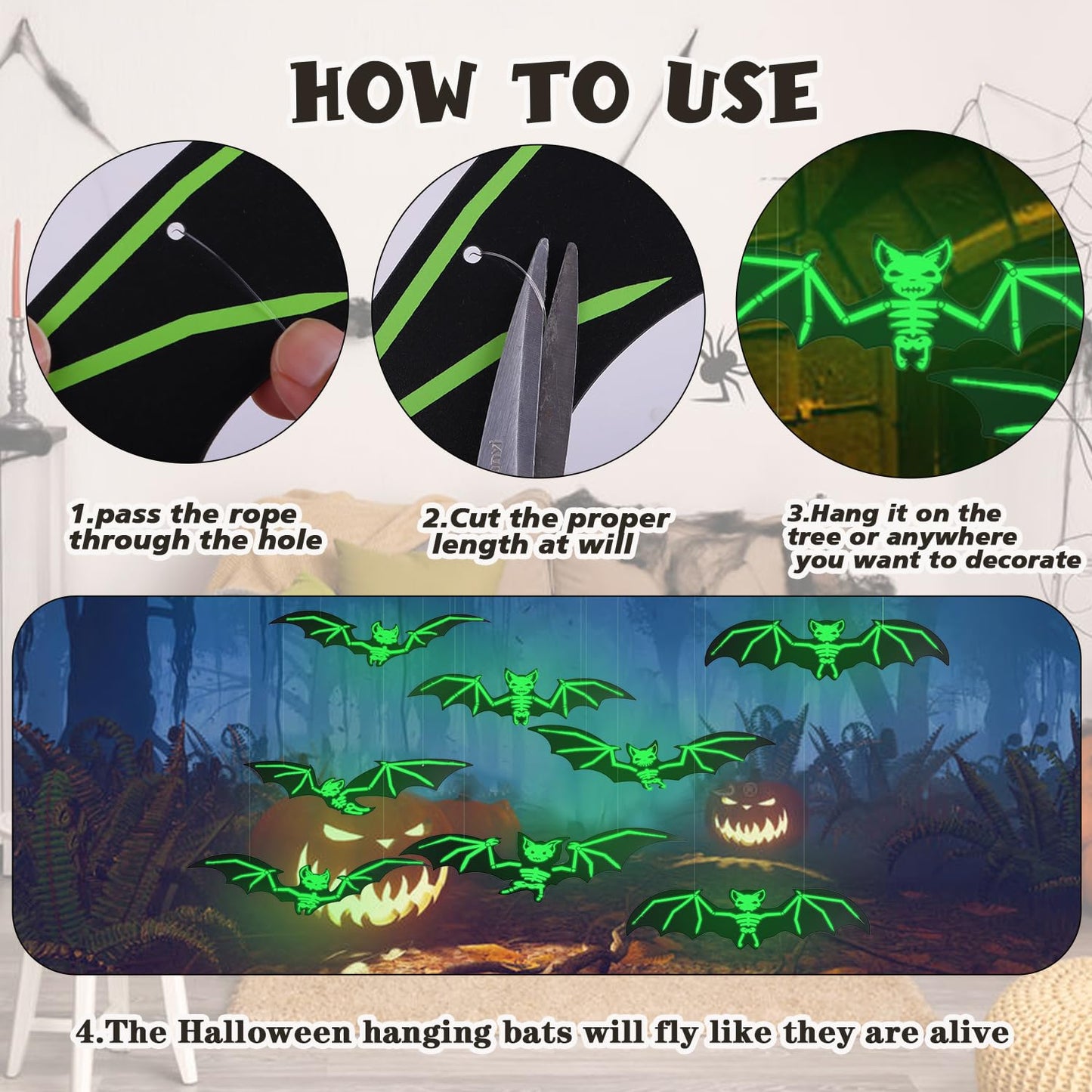 DIYASY 12 Pcs Hanging Bats Halloween Decor, Large Glow Bats Wall Decorations for Outside 3D Plastic Flying Bat Light up Bat House Decorative Decals for Home Outdoor Window