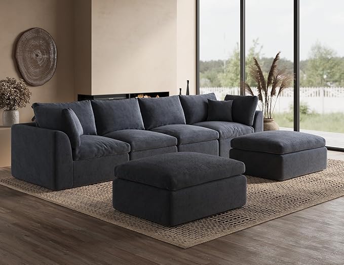 ohllob Oversized Cloud Sectional Couches for Living Room, Boneless U Shaped Couch with Ottoman, 4 Seater Modular Sectional Sofa, Dark Grey