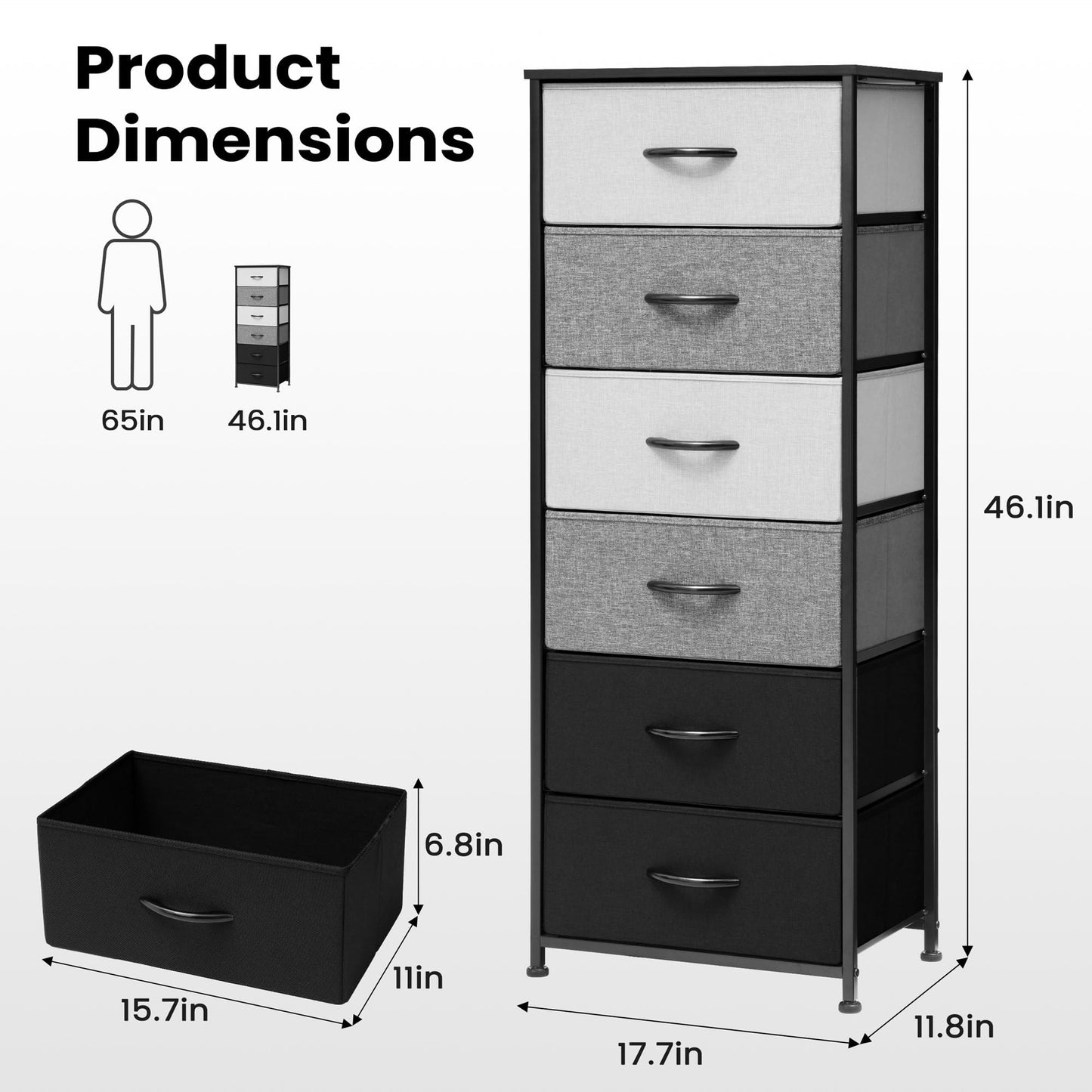 Pellebant Dresser for Bedroom with 6 Drawers, Tall Dresser Vertical Storage Tower, Sturdy Metal Frame, Fabric Storage with Plasti Handle and Wooden Top, Organizer Unit for Closet/Hallway, Black & Gray