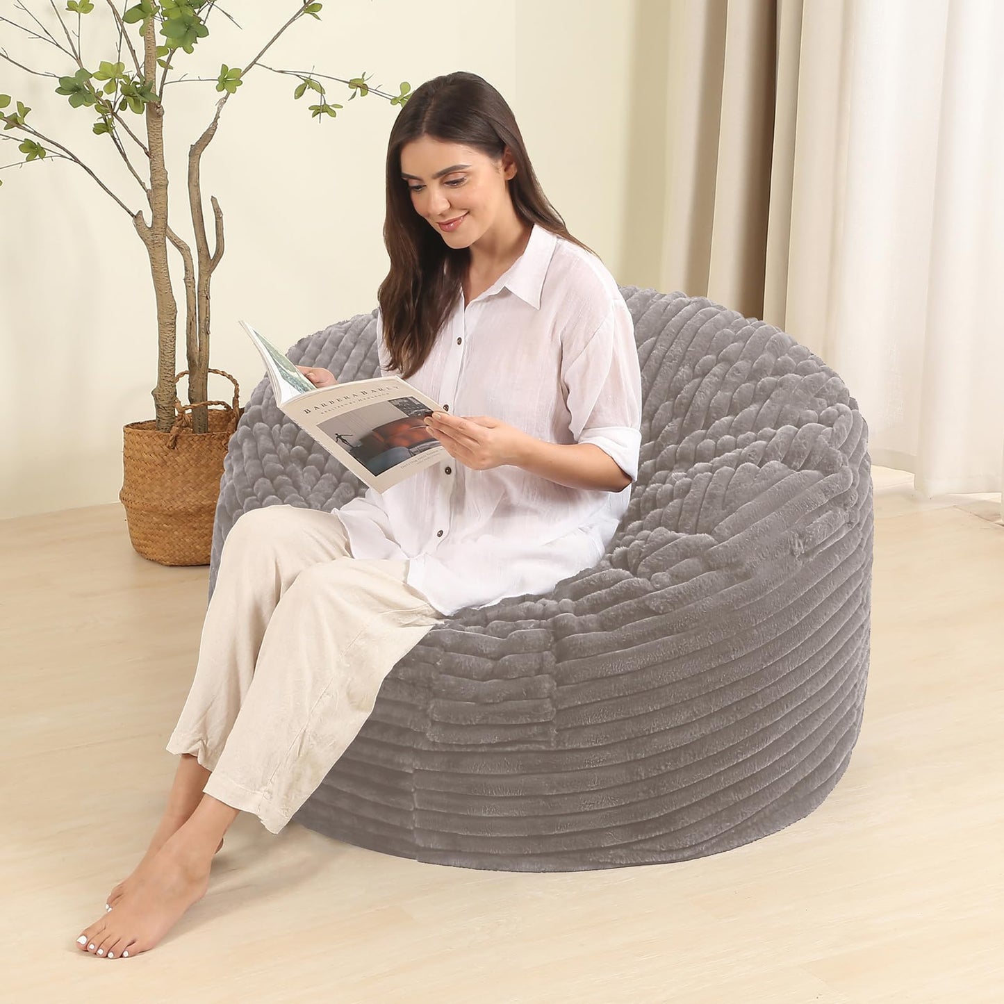 BestRoyal 3FT Memory Foam Bean Bag Chair for Adults/Teens, Bean Bag Sofa with Fluffy Removable Cover, for Living Room Bedroom, Grey