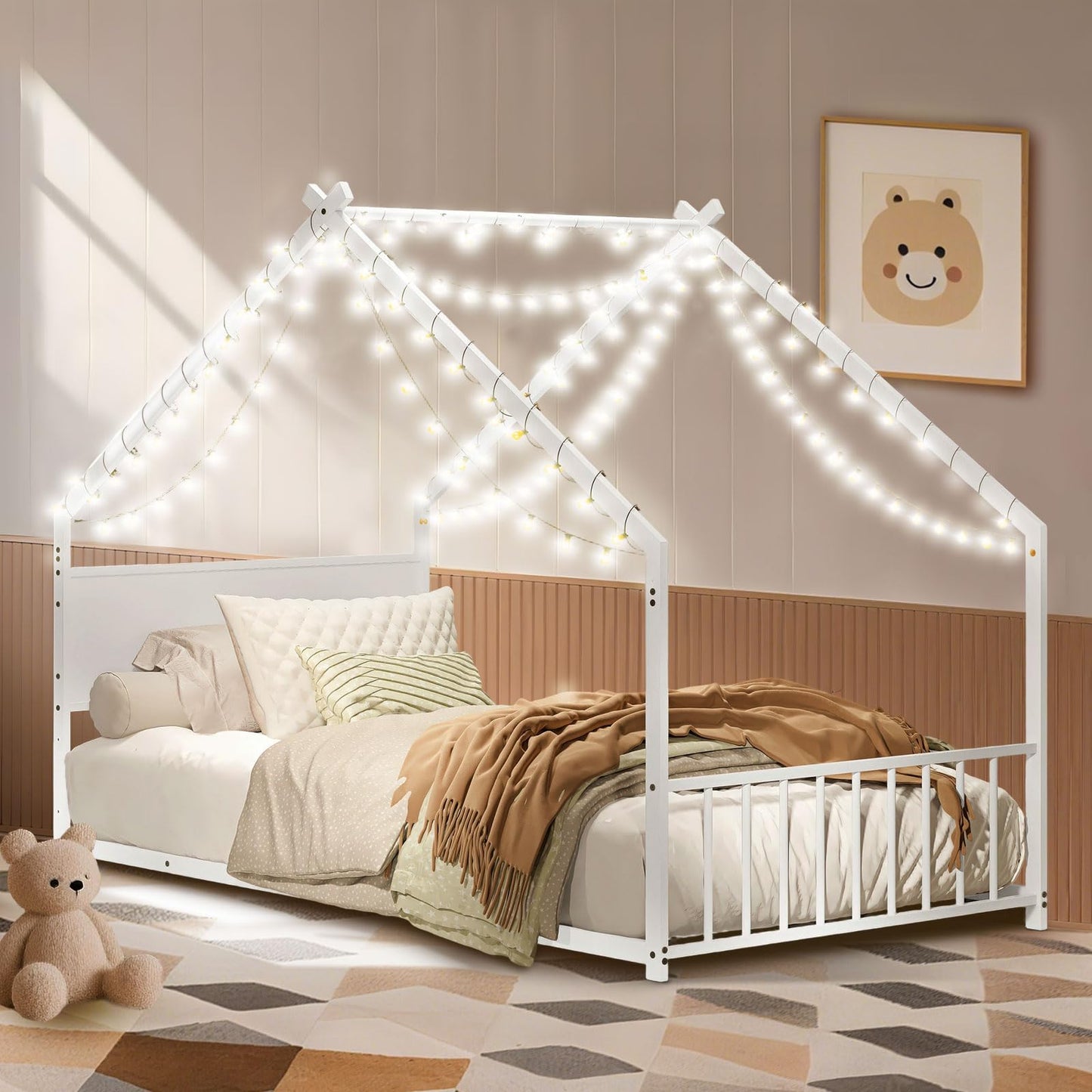 Osparple Twin Size Toddler Floor Bed with LED Light, Metal Montessori Bed Frame, Metal House Bed, Playhouse Floor Bed, Platform Bedframe with Headboard, Footboard and Slats Support for Boys and Girls