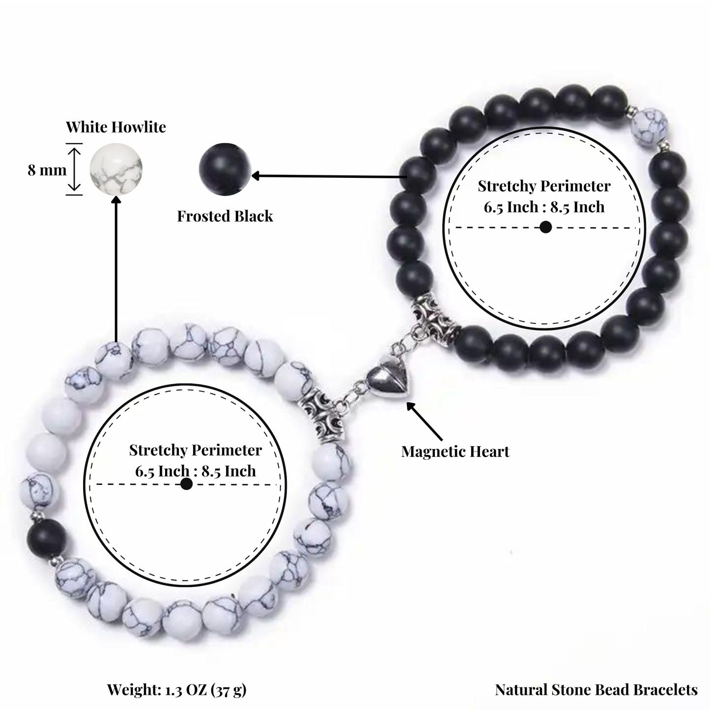 Jexiva Set Of 2 Matching Couple Bracelets Magnetic Heart - Stone Beads, Stretch, Unisex Anniversary, Express Love, Valentine, Long Distance, Christmas Gift (Black+Howlite, Without Giftbox)