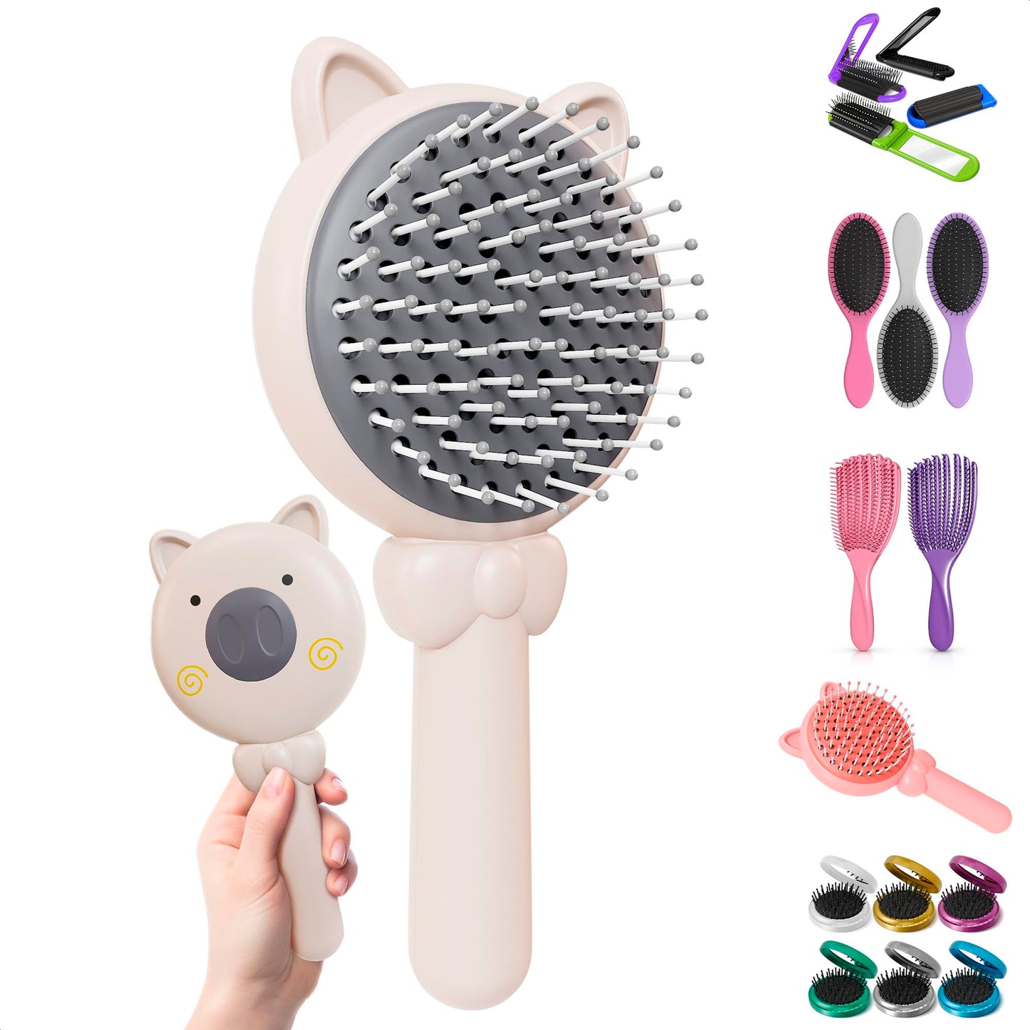 White Pig Self Cleaning Hair Brush for Women - Compact 7,87?3,66 in Retractable Hair Brush Easy Clean with Magnetic Attach - Eff