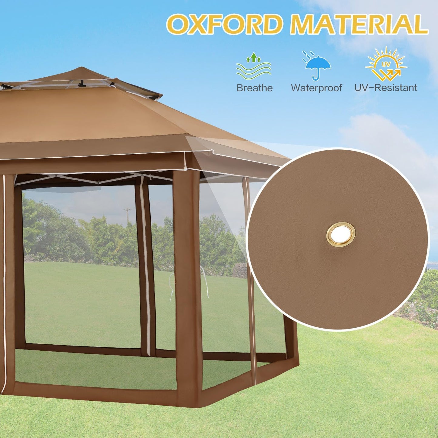 ECOTOUGE 12FT Pop Up Tent Canopy, Waterproof Canopy with Net and UV Resistant, Sidewalls Instant Shelter Gazebo with Carrying Roller Bag for Garden, Grill and Backyard (Brown)