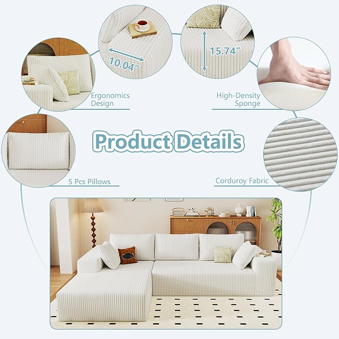 96" Cloud Sectional Couch with L-Shape Chaise, Modern Corduroy Boneless Couch for Living Room,Memory Foam Sofa with Deep Seat,No Assembly Required (White,Left-Facing Chaise)