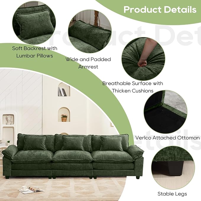 Oprisen 120" Modular Sectional Sofa, Comfy Cloud Couch Sectional, Chenille Sofa Sleeper Deep Seat Sofa with Throw Pillows for Living Room (Green, 120"- 3 Seater)