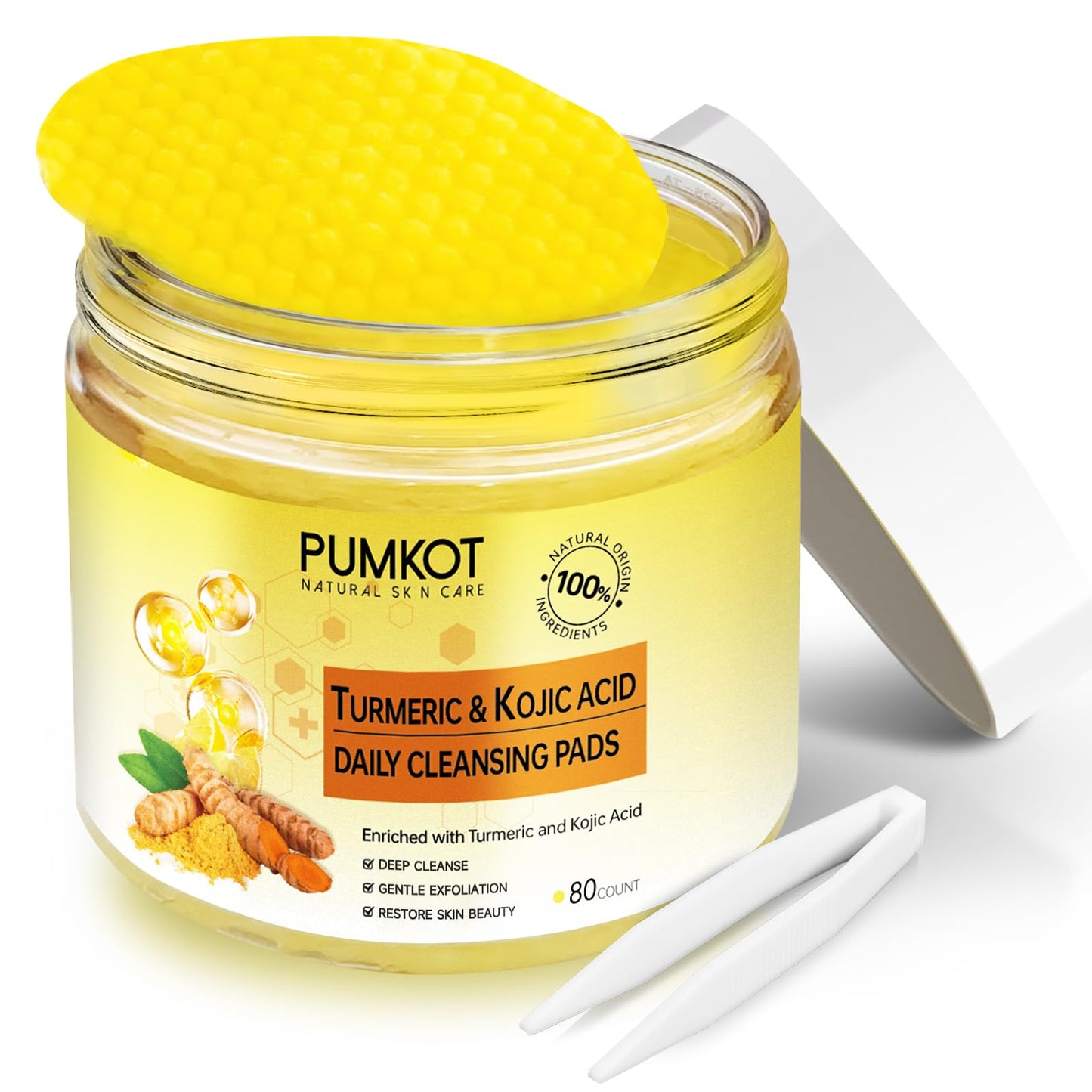 Pumkot Turmeric Kojic Acid Cleansing Pads, Turmeric Face Scrub Pads Enriched with Kojic Acid, 80PCS