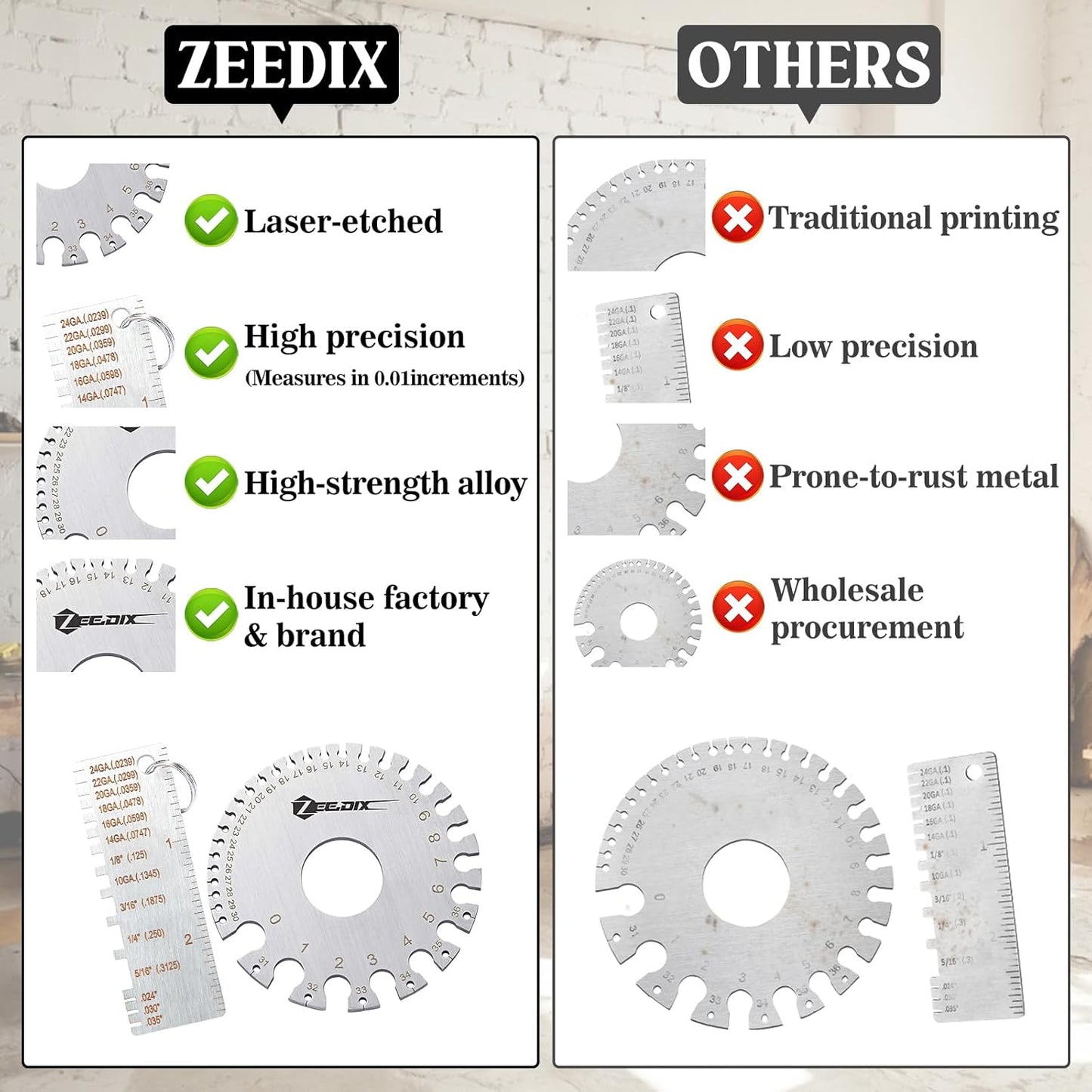 ZeeDix 2 PCS Metal Thickness Gauge Portable Steel Thickness Gauge Metal GaugeThickness Tool, Stainless Steel Plated Size Inspection Tool Welding Material Steel Gauge