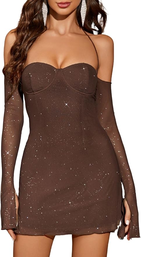 Parthea Women’s Sexy Dress Sequin Sparkly Glitter Dress Off Shoulder Long Sleeve Party Club Going Out Mini Dresses