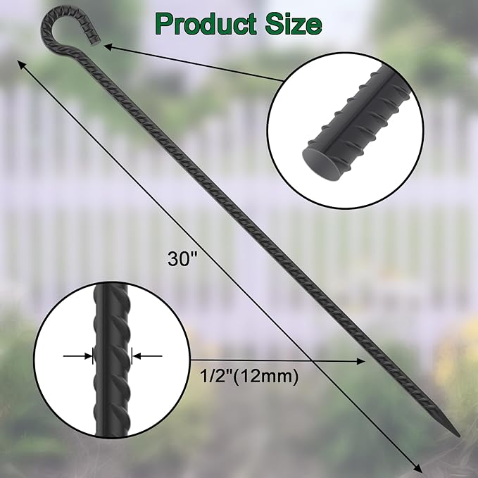 EUOKOK 30 Inch Rebar Stakes Heavy Duty 6 Pack Tent Stakes with Loop 1/2 Inch Diameter Tarp Pegs Tree Stakes and Supports Ground Anchors Garden Rope Fence Stakes for Outdoor Camping and Yard, Black