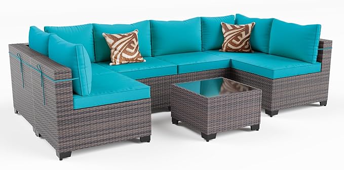 Kullavik 7 Pieces Outdoor Patio Furniture Set,Wicker Outdoor Sectional Sofa,All-Weather Patio Conversation Sets with Washable Thick Cushions & Coffee Table for Garden,Backyard,Balcony,Porch,Blue