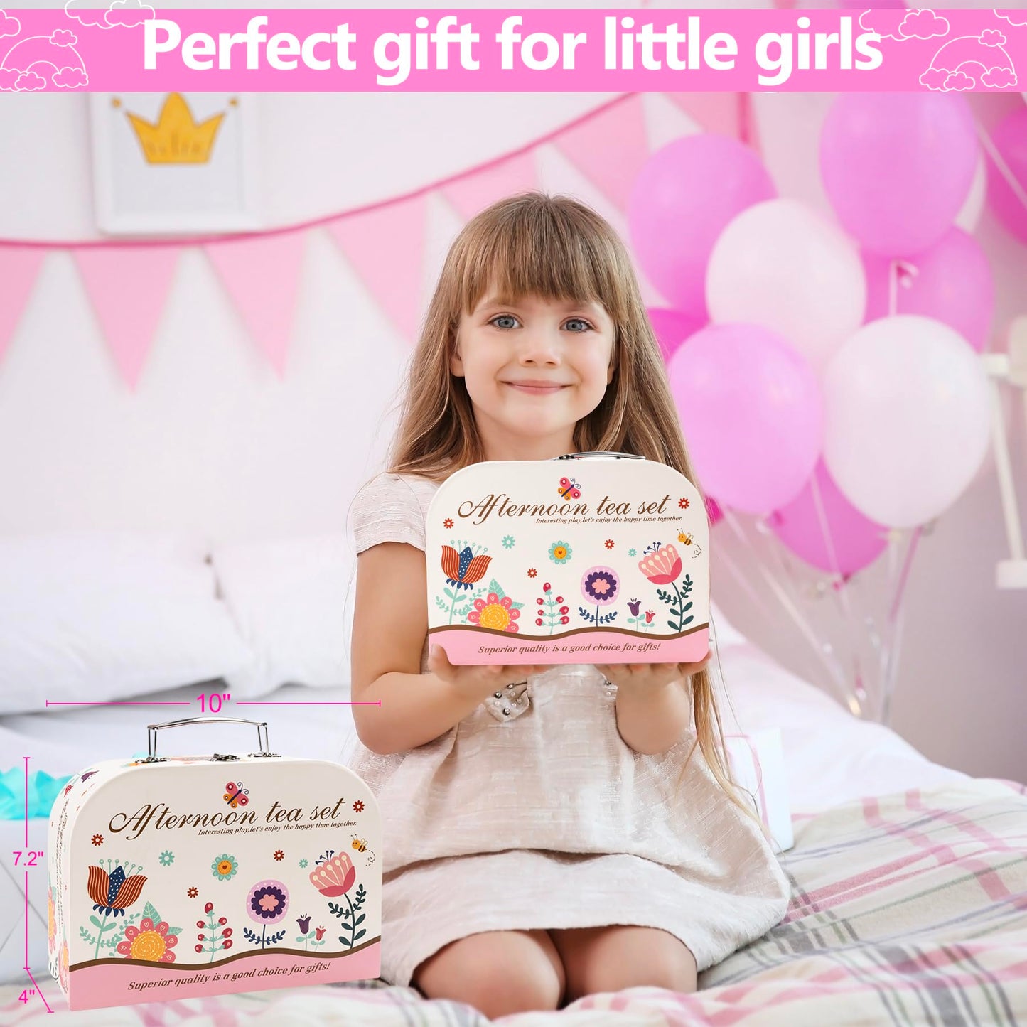 Tea Party Set for Little Girls, 48PCS Princess Tea Time Toy Playset, Kitchen Pretend Play Include Teapot Dishes Dessert & Carrying Case, 3 Year Old Girl Gifts(Flower Design)
