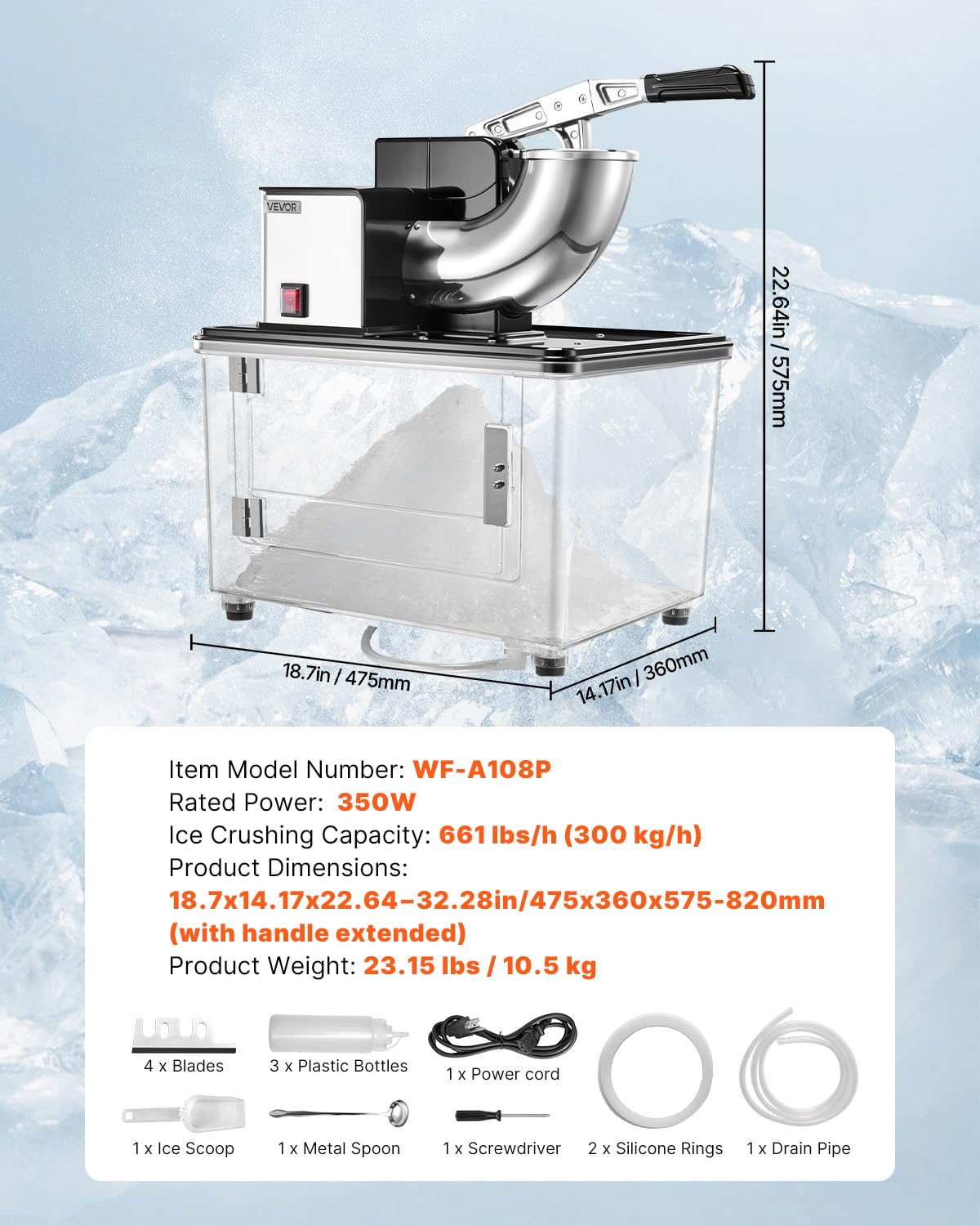 VEVOR Commercial Ice Crusher 661LBS/H, 350W Electric Snow Cone Machine with 4 Blades, 2000RPM Stainless Steel Shaved Ice Machine with 11 Gal Crushed-Ice Box, for Family Restaurants Bars, Black