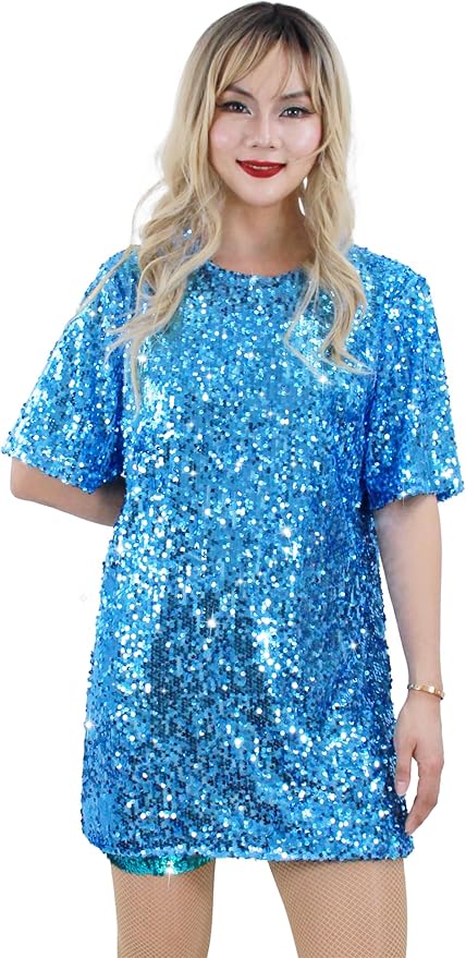 Muztagata Sequin T-Shirt Dress Sparkly Casual Short Sleeve Party Club Outfit Costume